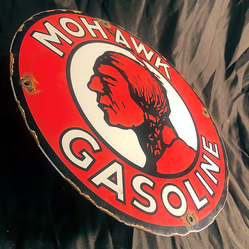 Mohawk Gasoline Plaque Emaillee Ronde Vintage 